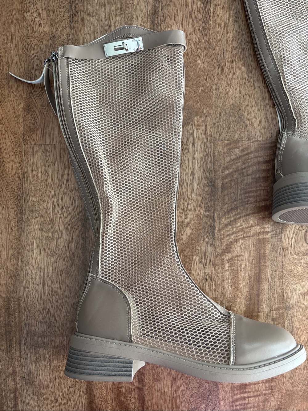 NEW! Taupe Mesh Mid-Calf Women's Boots with Heel - Picture 3 of 12